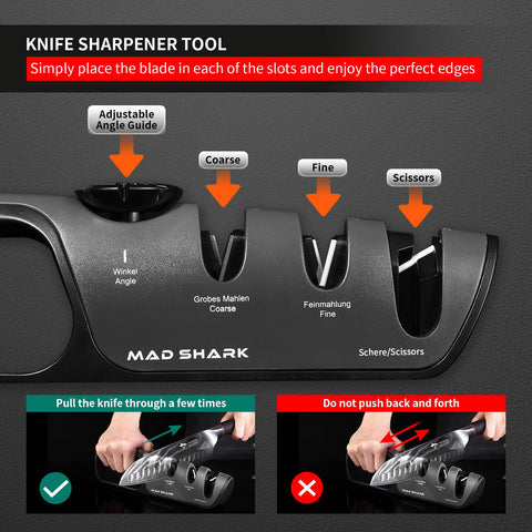 MAD SHARK knife sharpener ergonomic handle offers a secure, comfortable grip during sharpening.