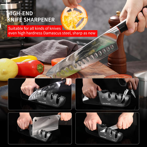 MAD SHARK knife sharpener fine slot delivers smooth honing for razor-sharp kitchen edges.