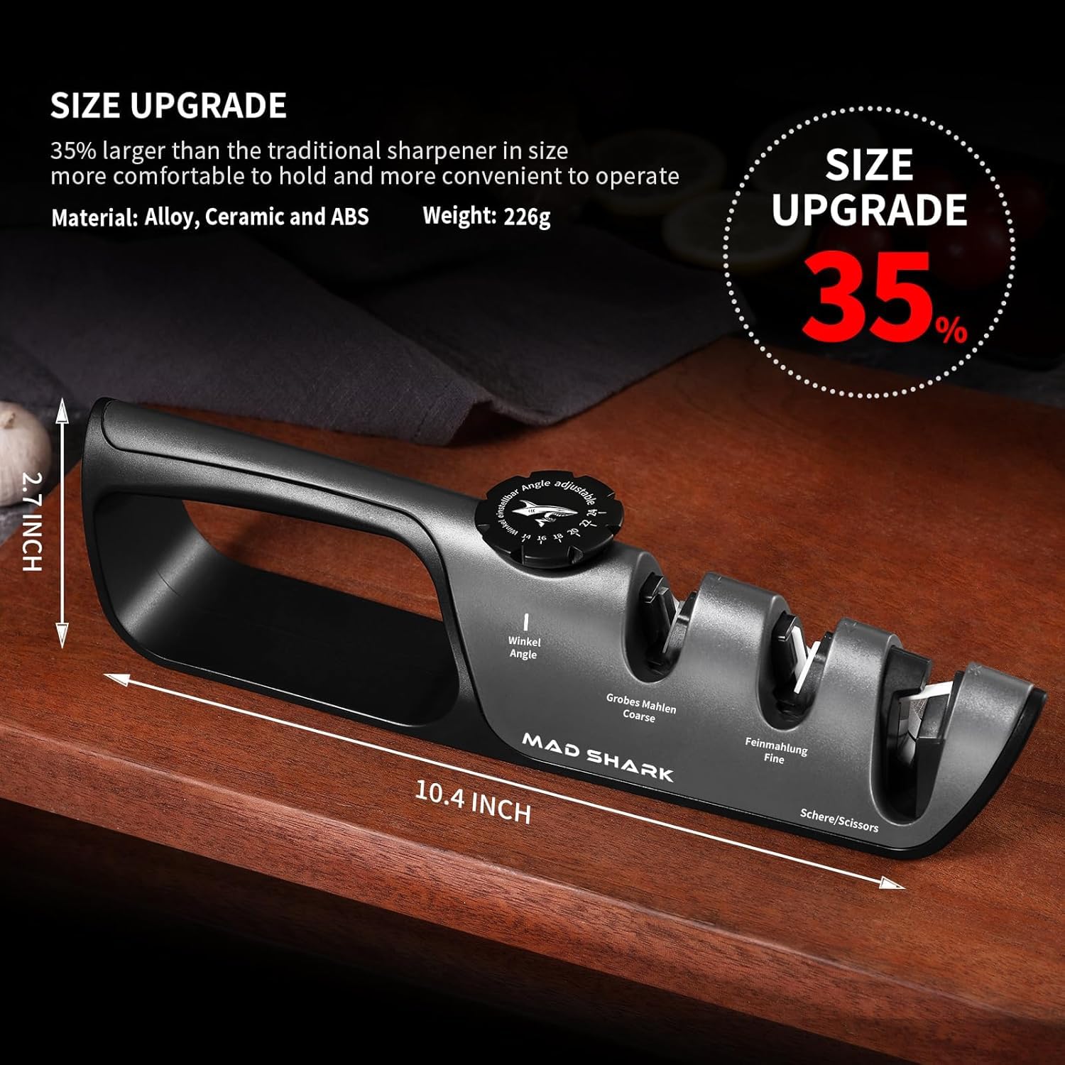 MAD SHARK knife sharpener ideal for home kitchens and camping setups.