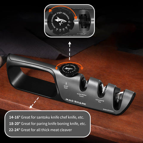 MAD SHARK knife sharpener scissor slot keeps shears sharp for clean cuts.