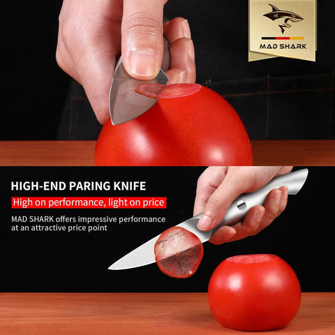 MAD SHARK paring knife blade closeup highlighting razor sharp edge