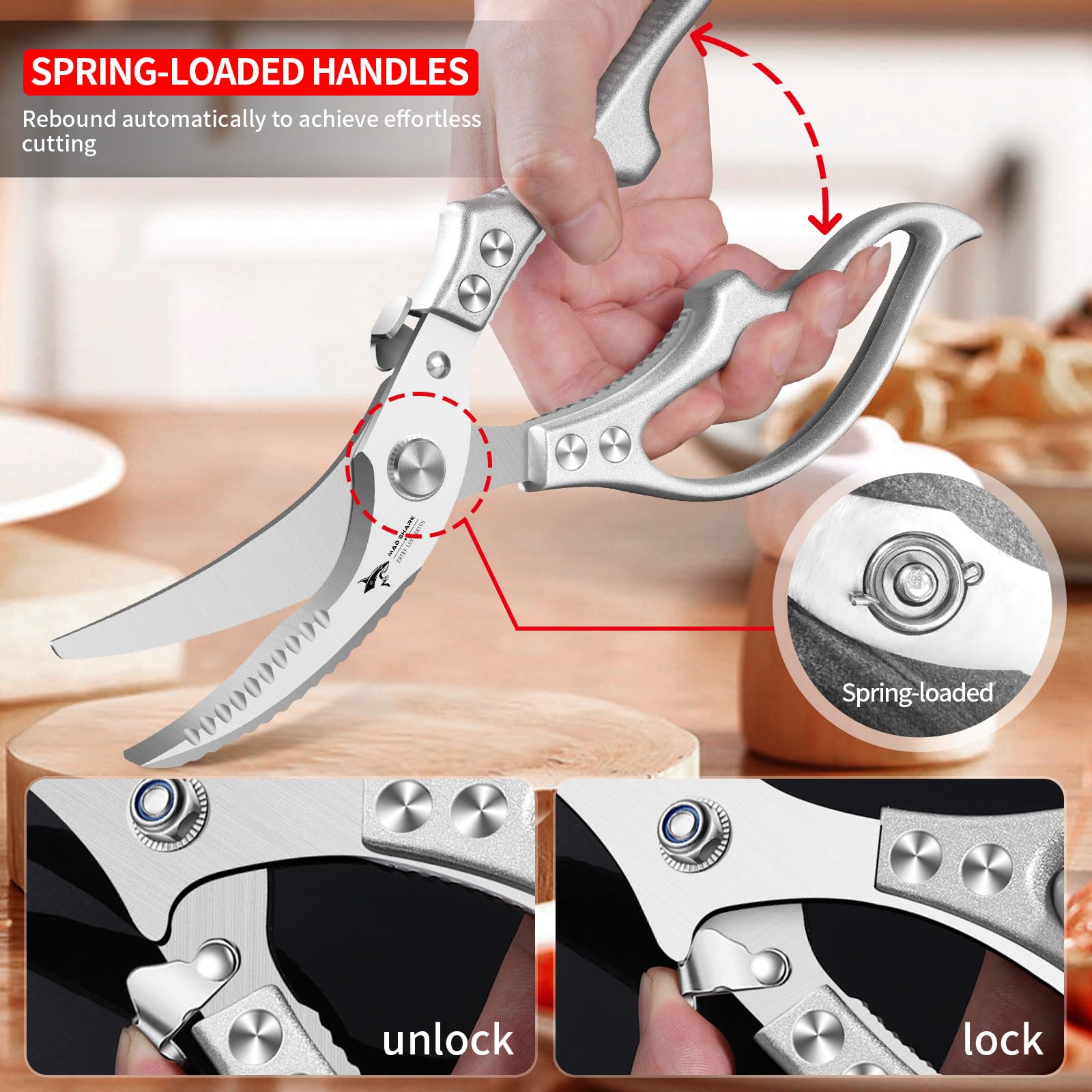 MAD SHARK multi-task shears handle deboning poultry and cracking nuts.