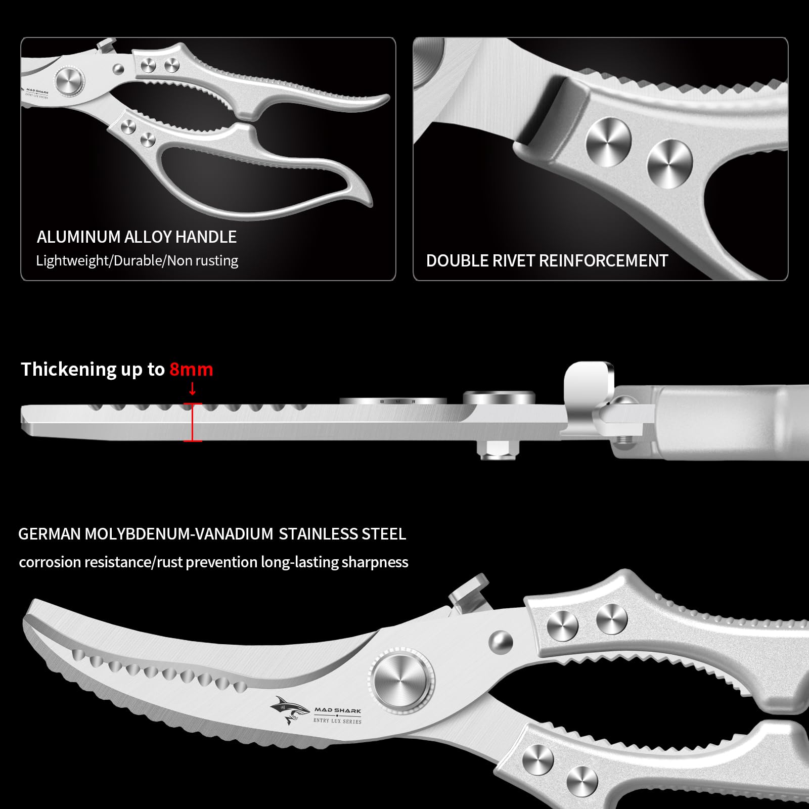 MAD SHARK fish scaler edge included for thorough fish preparation.
