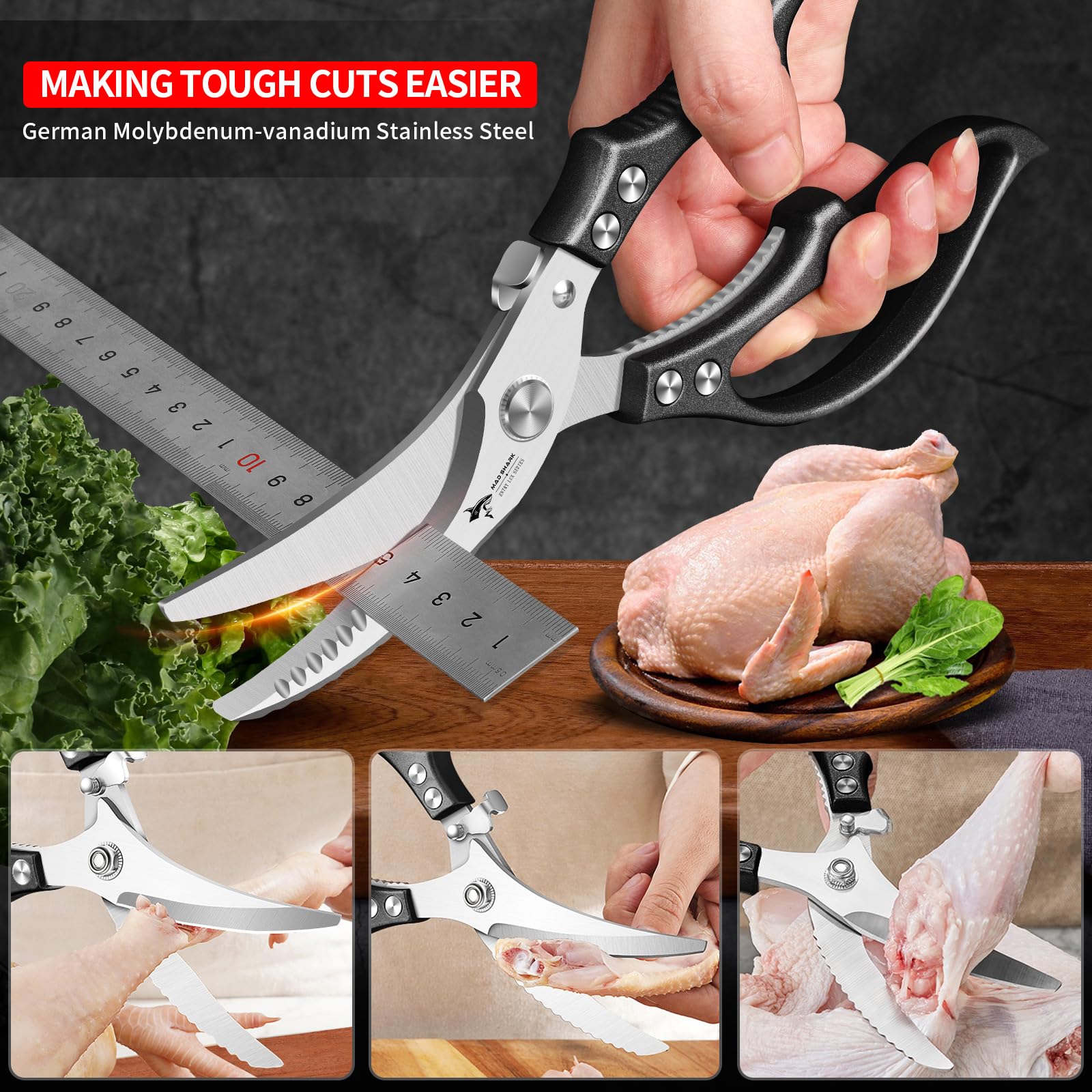 MAD SHARK poultry shears spring-loaded design keeps blades open for easy cutting