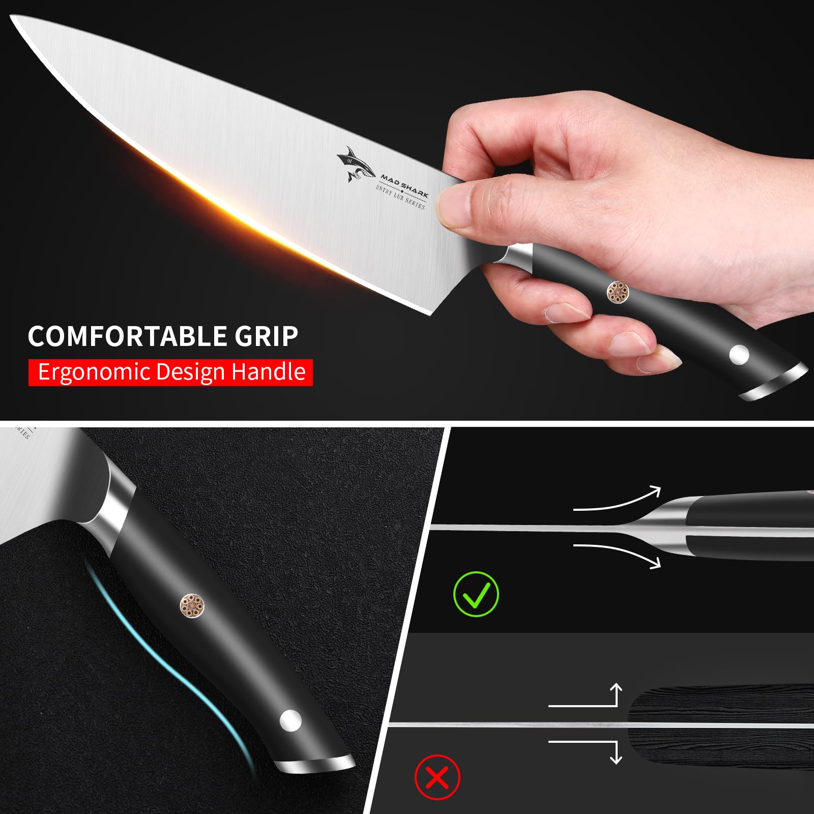 MAD SHARK precise-edge vegetable-cutting highlights clean slices and reduced tearing.