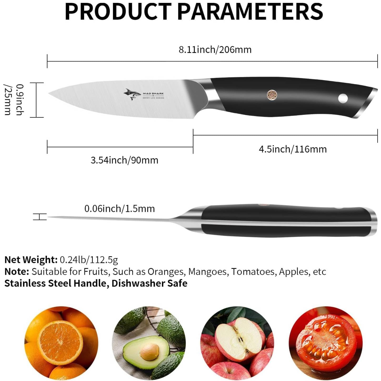 MAD SHARK precision paring knife for precise vegetable slicing and peeling.