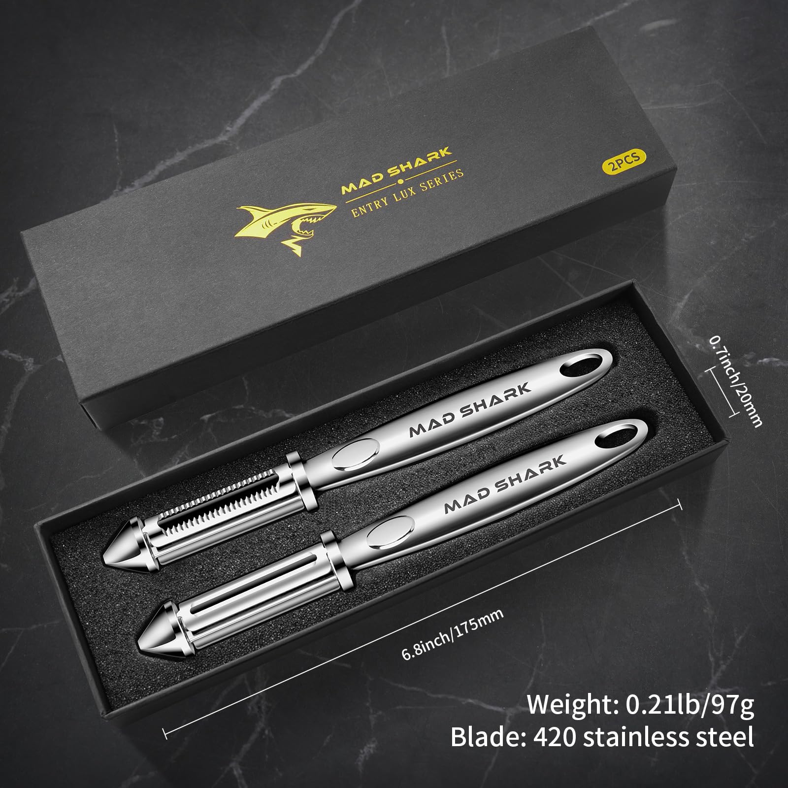 MAD SHARK Ultra Sharp Peeler dual blades closeup for smooth peels.