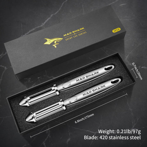 MAD SHARK Ultra Sharp Peeler dual blades closeup for smooth peels.