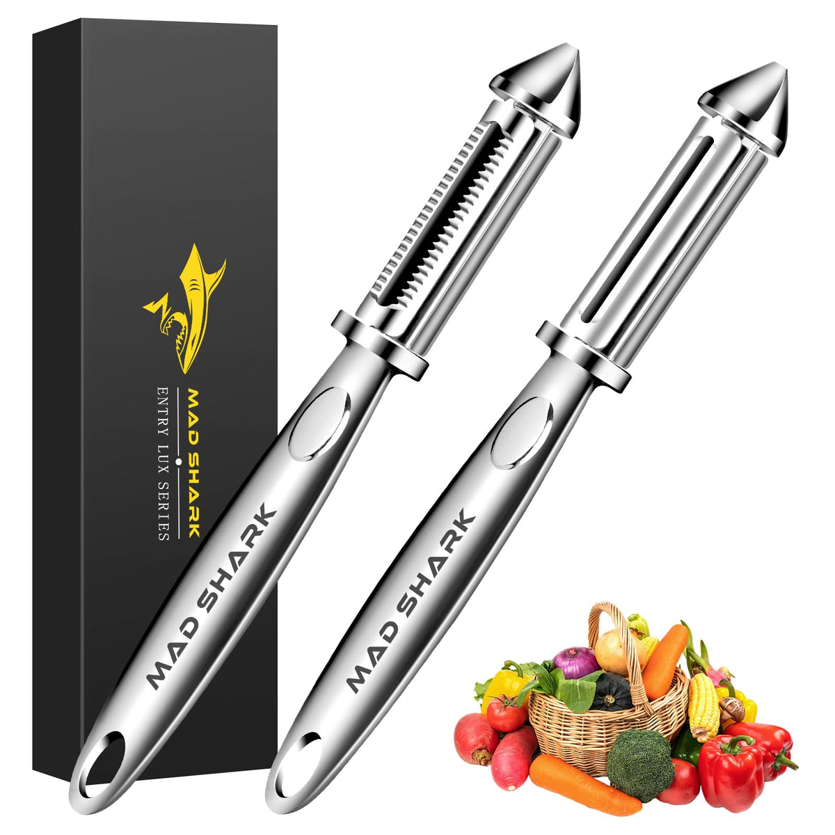 MAD SHARK Ultra Sharp Peeler front view enables quick, clean peeling.