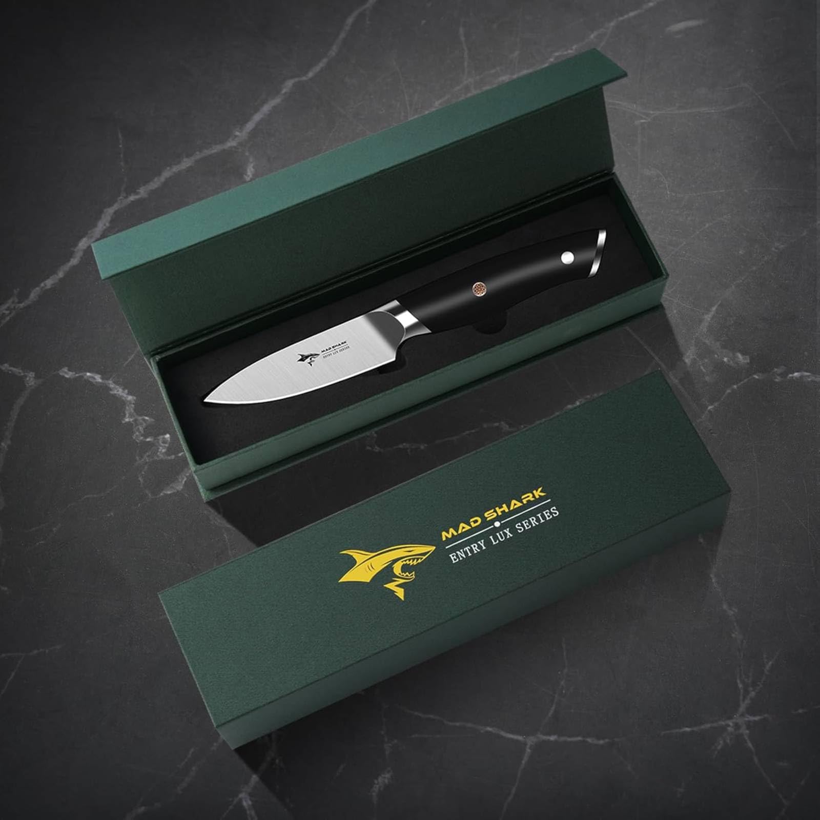 MAD SHARK versatile paring knife for fruit, vegetable, and bread prep.