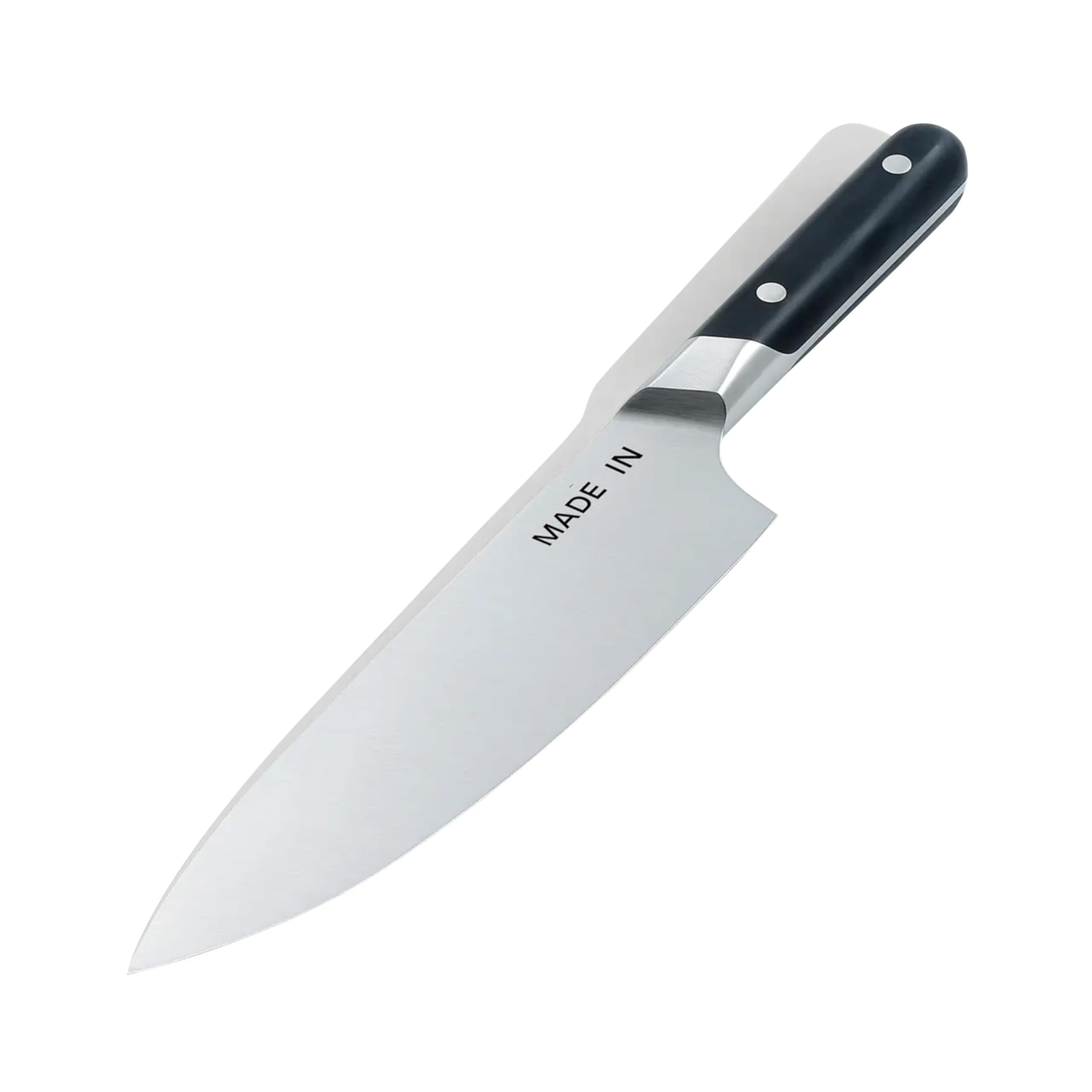 Made In 8.5-inch chef knife blade for precise slicing and control.