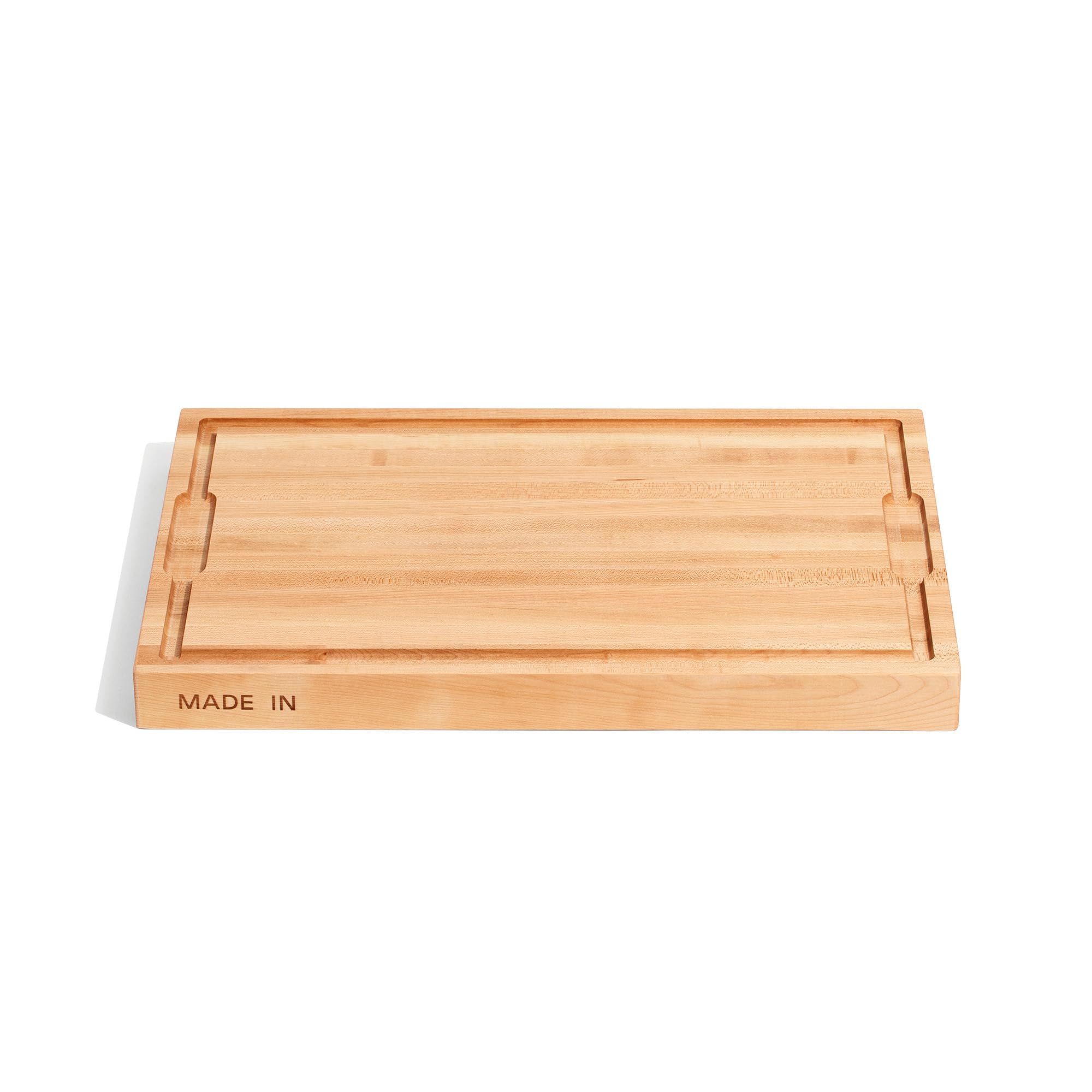 Made In butcher block maple edge-grain top view for sturdy cutting and serving.