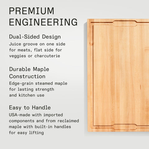 Made In butcher block two-sided design with flat side for versatile prep tasks.