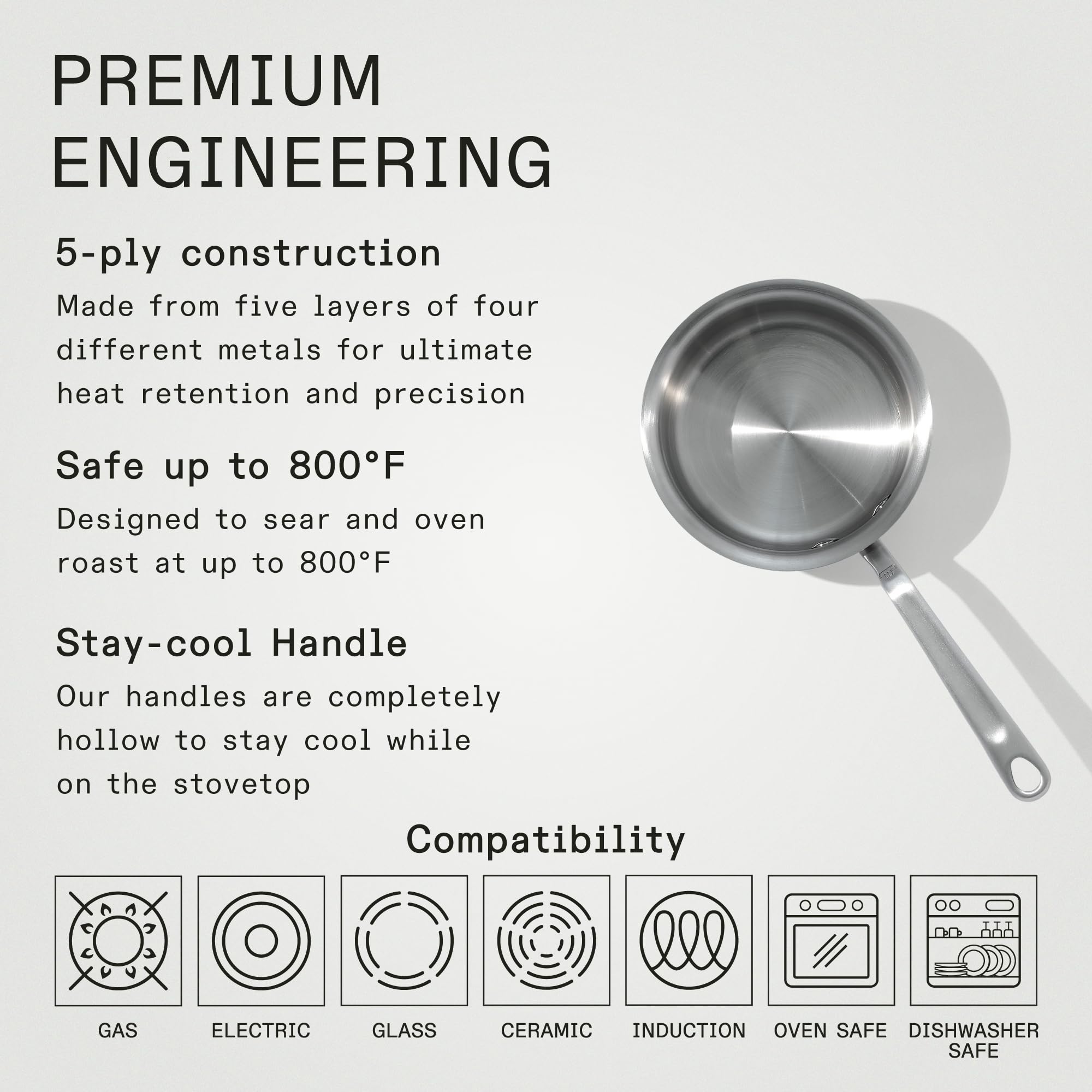 Interior view reveals seamless 5-ply layers for consistent heat transfer.