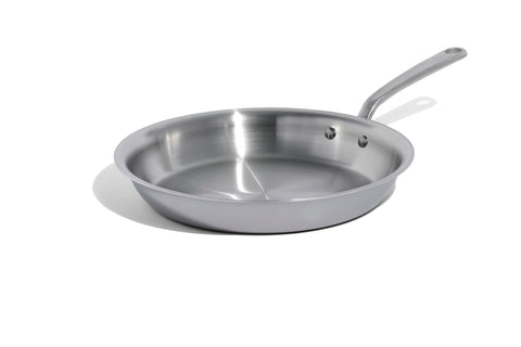 Made In 12-inch stainless clad frying pan with expansive cooking surface for even searing.