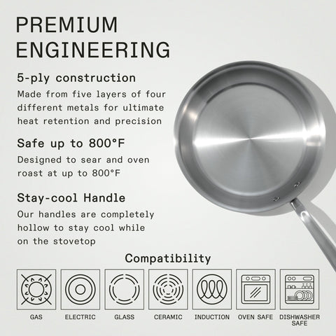 Made In 12-inch stainless frying pan provides large capacity for family meals and sautéed vegetables.