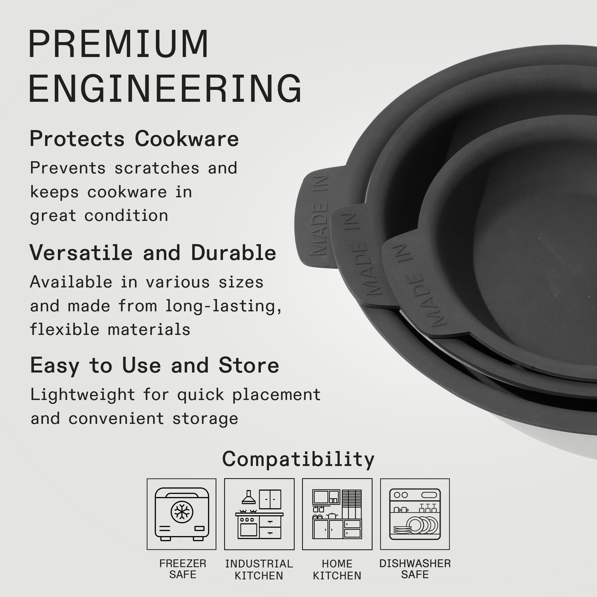 Made In 3-piece pan protectors for 12-inch pans shield surfaces when stacked.