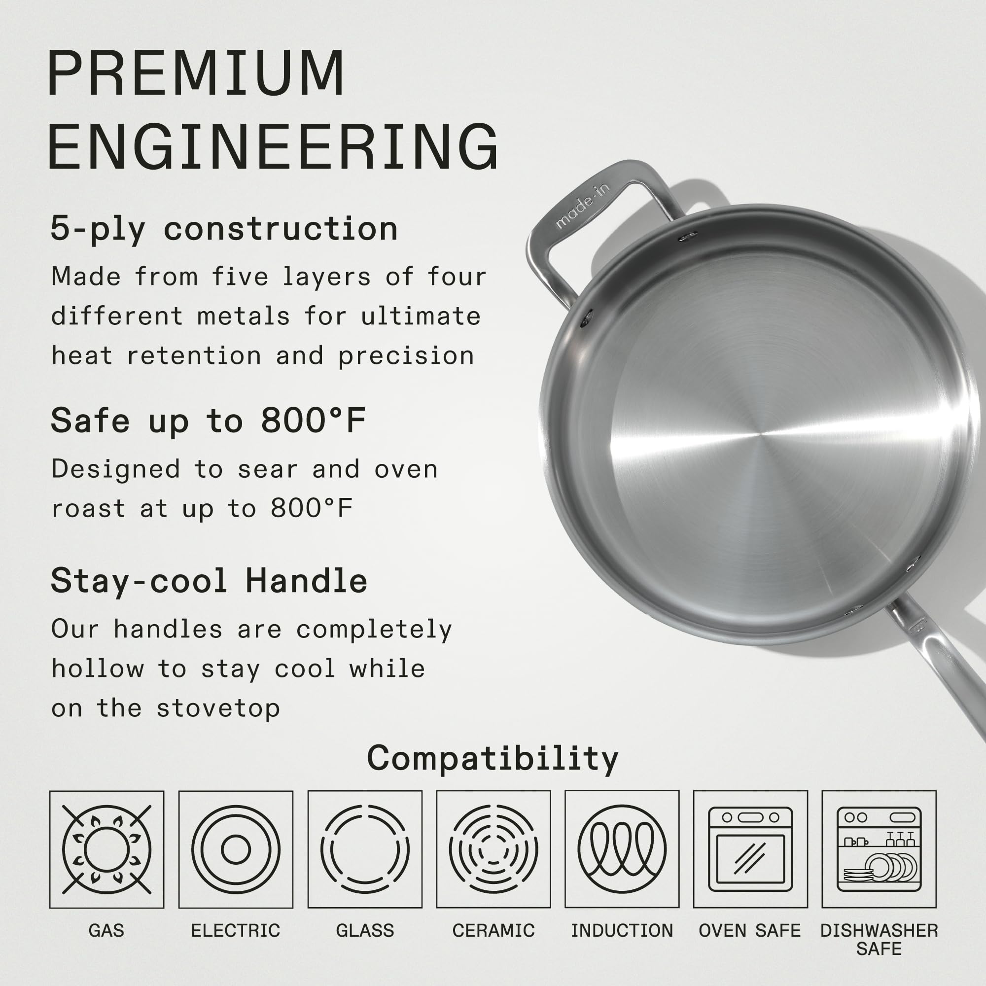 Made In 5-ply stainless-clad cross-section reveals optimized heat distribution.