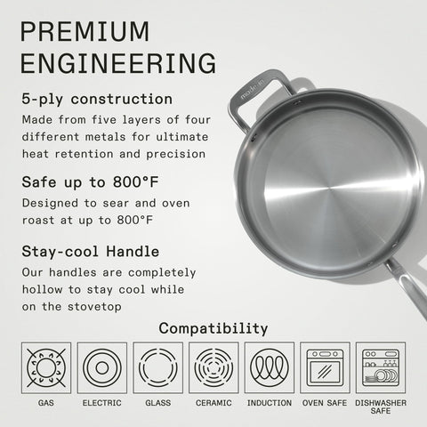Made In 5-ply stainless-clad cross-section reveals optimized heat distribution.