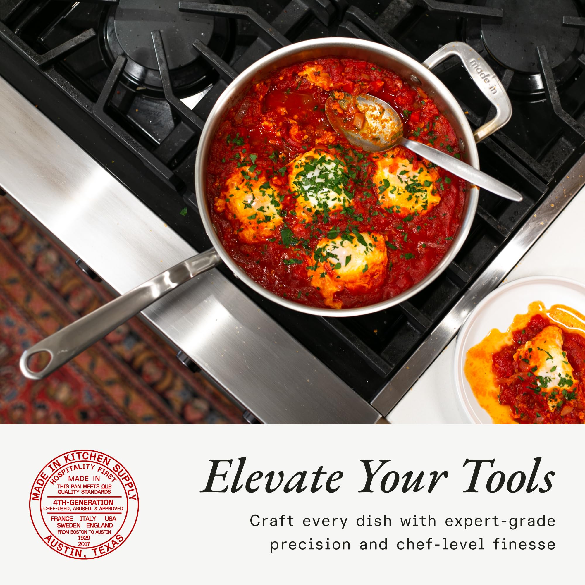 Made In induction-compatible stainless surface supports versatile cooking across cooktops.
