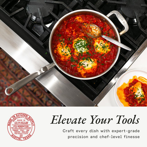 Made In induction-compatible stainless surface supports versatile cooking across cooktops.