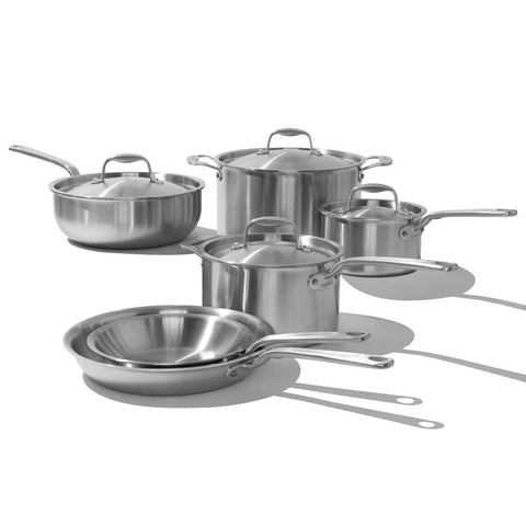 Made In five-ply stainless clad cookware suitable for induction and durability.