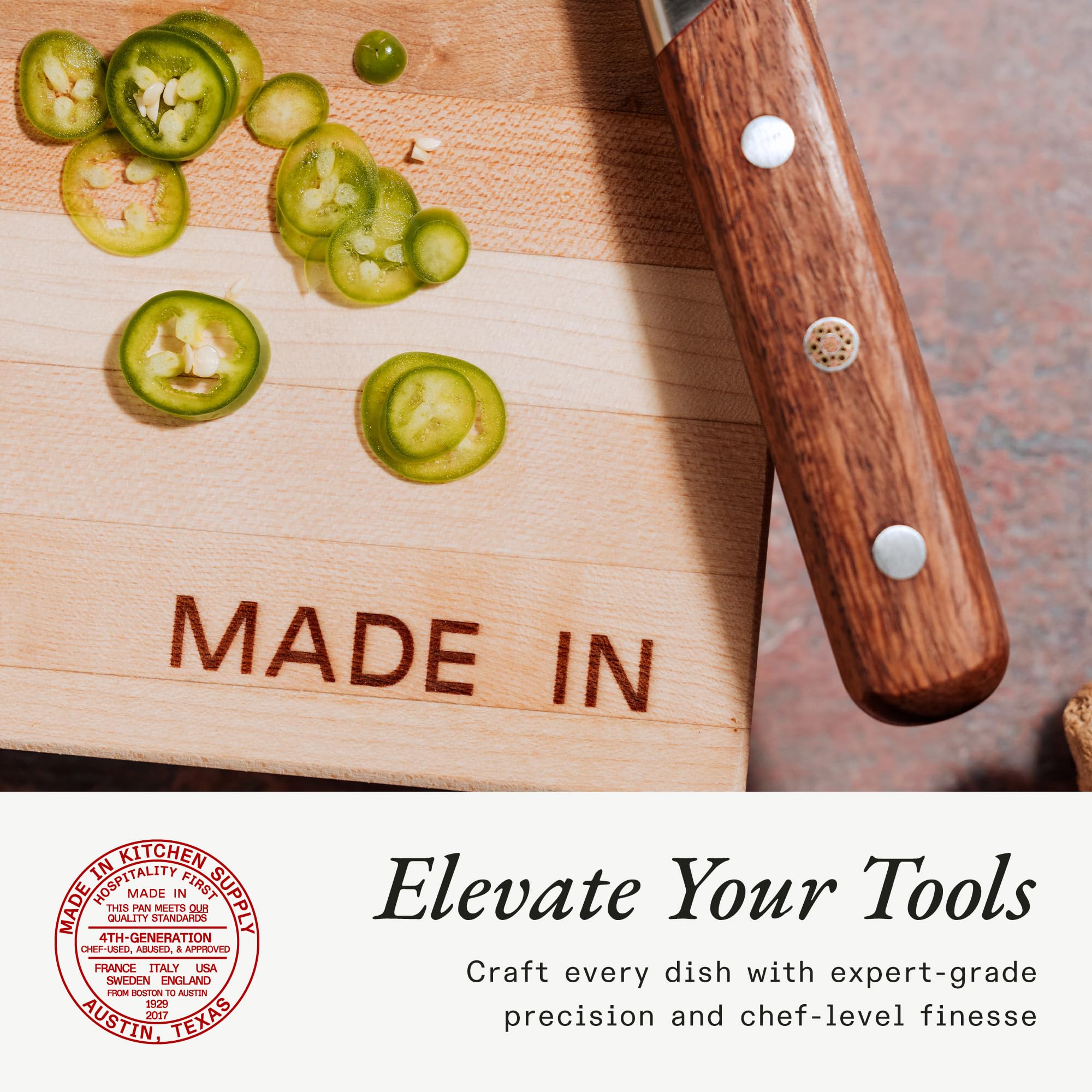 Made In butcher block on a kitchen counter ready for chopping or serving.