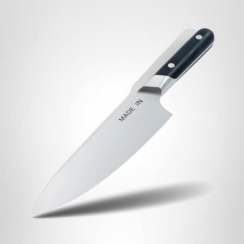 Made In chef knife in action supports efficient kitchen prep tasks.