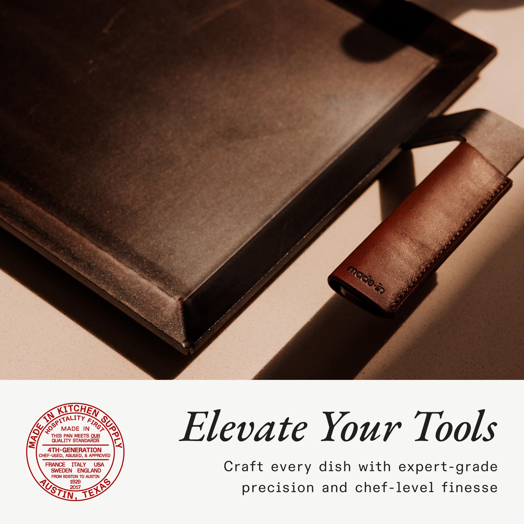 Care instructions for Made In leather handle covers: wipe with damp cloth