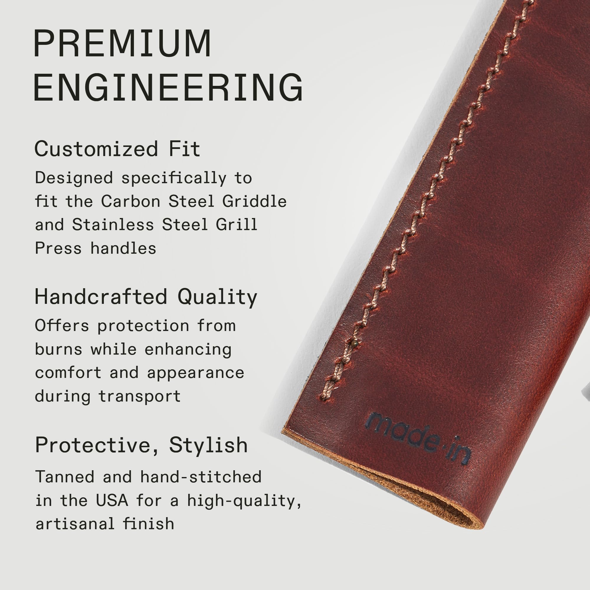 On carbon steel griddle handle, Made In leather covers fit snugly with comfortable grip