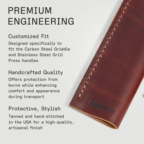 On carbon steel griddle handle, Made In leather covers fit snugly with comfortable grip