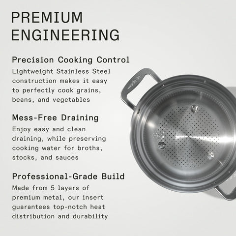 Made In pasta insert dimensions ensure fit on 6- and 8-quart pots.