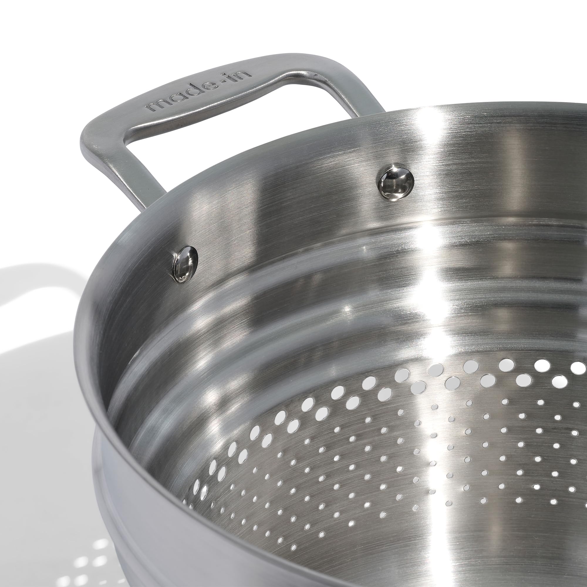 Made In stainless steel pasta insert draining improves clean, versatile cooking.