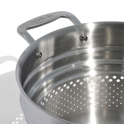 Made In stainless steel pasta insert draining improves clean, versatile cooking.