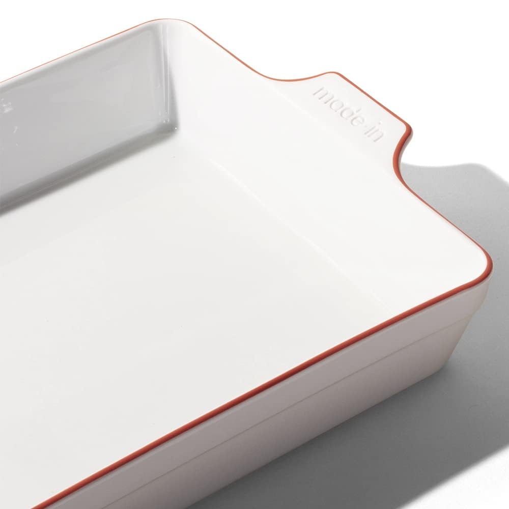 Made In porcelain bakeware closeup showing handcrafted glaze and durability.
