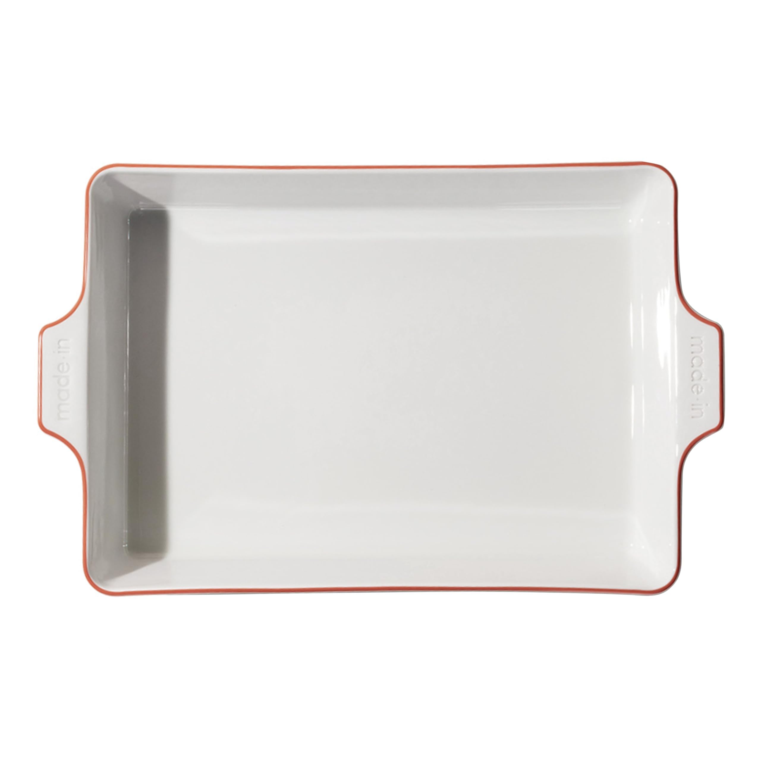 Made In rectangular baking dish with red rim ready for oven to table.