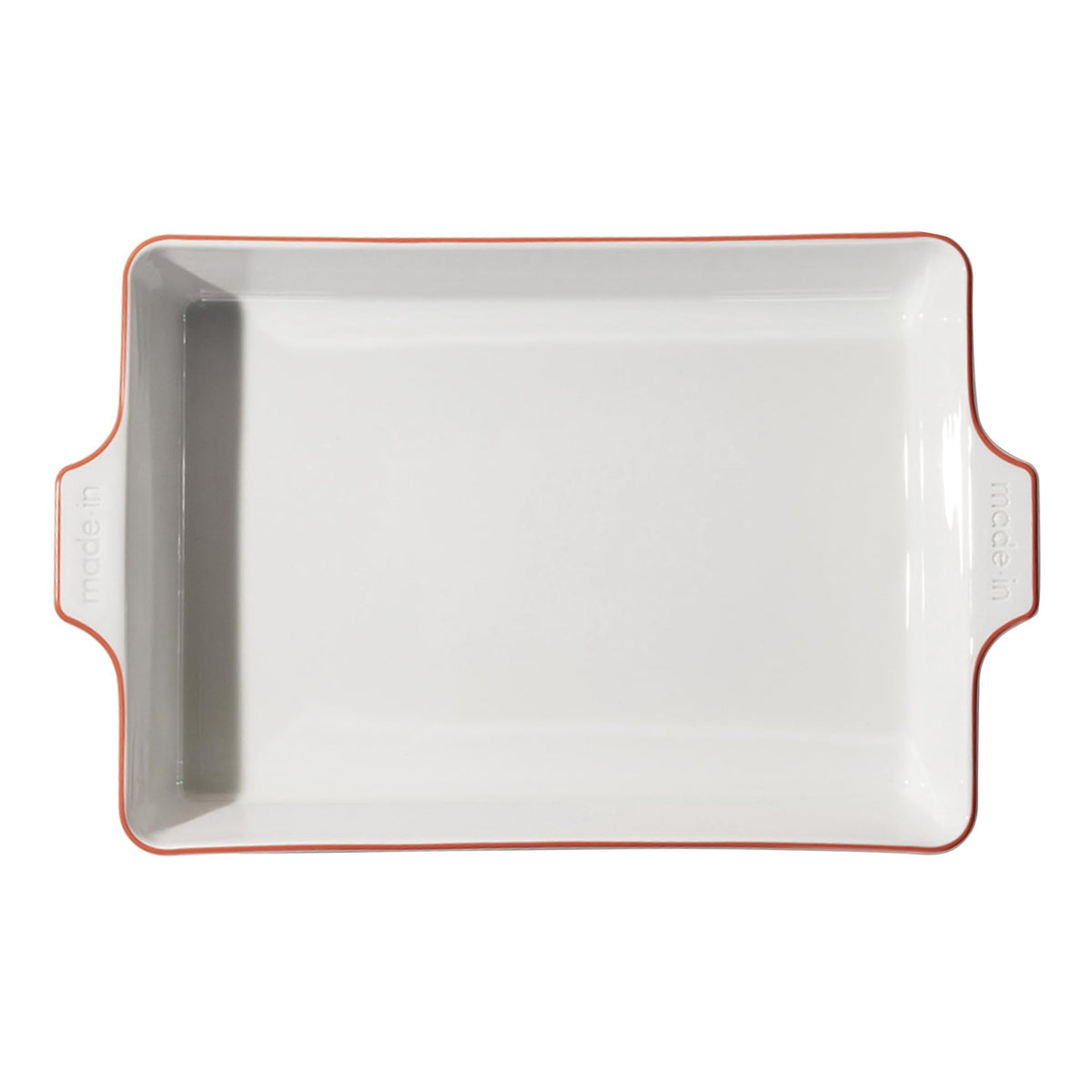 Made In rectangular baking dish with red rim ready for oven to table.