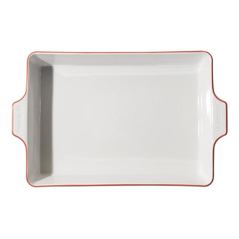 Made In rectangular baking dish with red rim ready for oven to table.