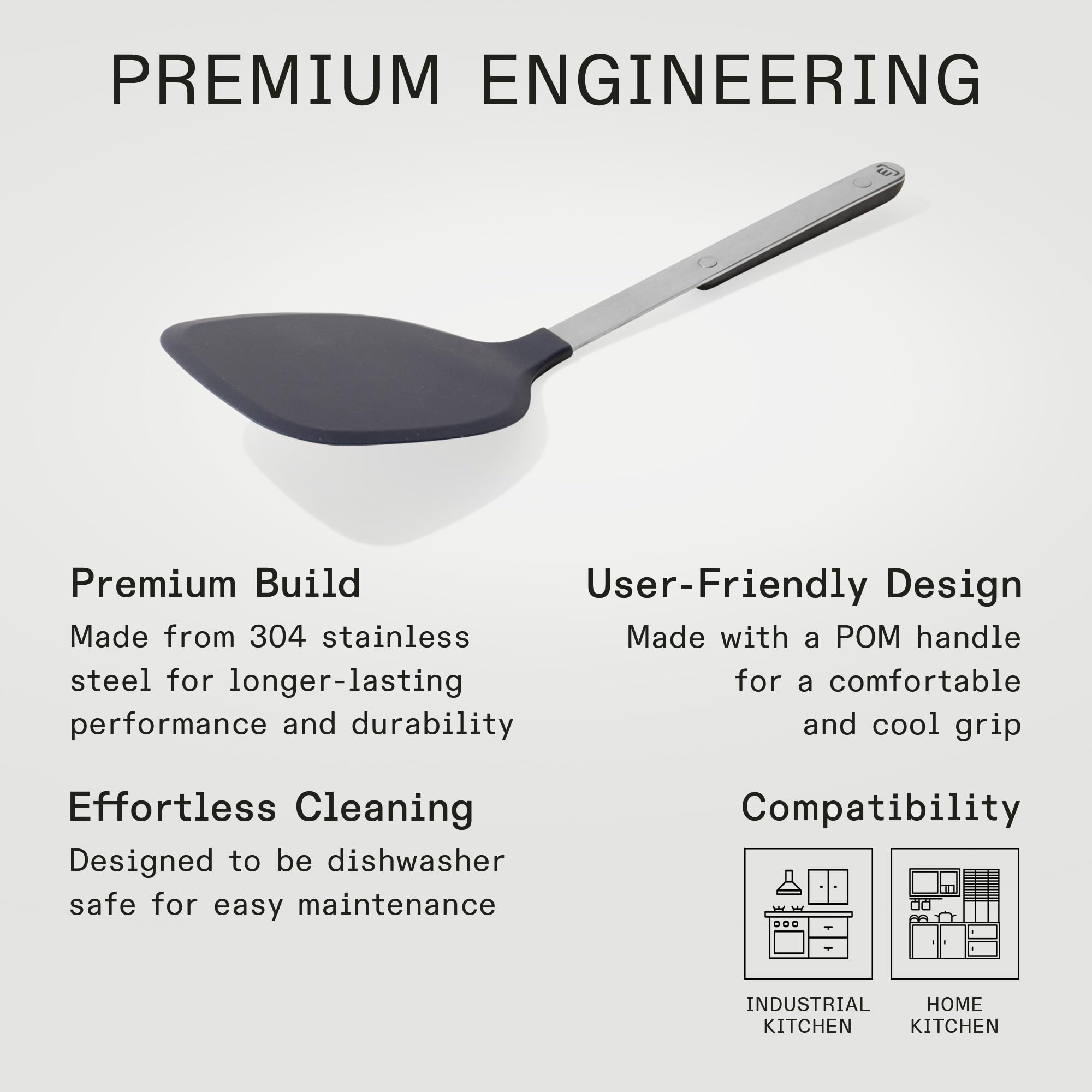 Made In Harbour Blue spatula in flipping motion highlights precise turning.