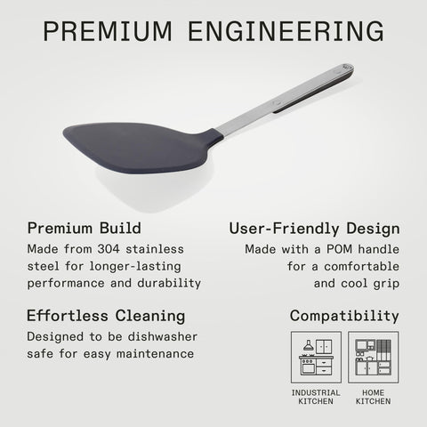 Made In Harbour Blue spatula in flipping motion highlights precise turning.