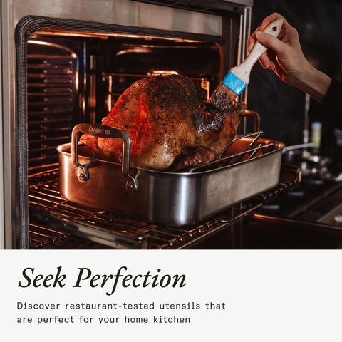 Made In roasting pan handles for foil sealing and lifting