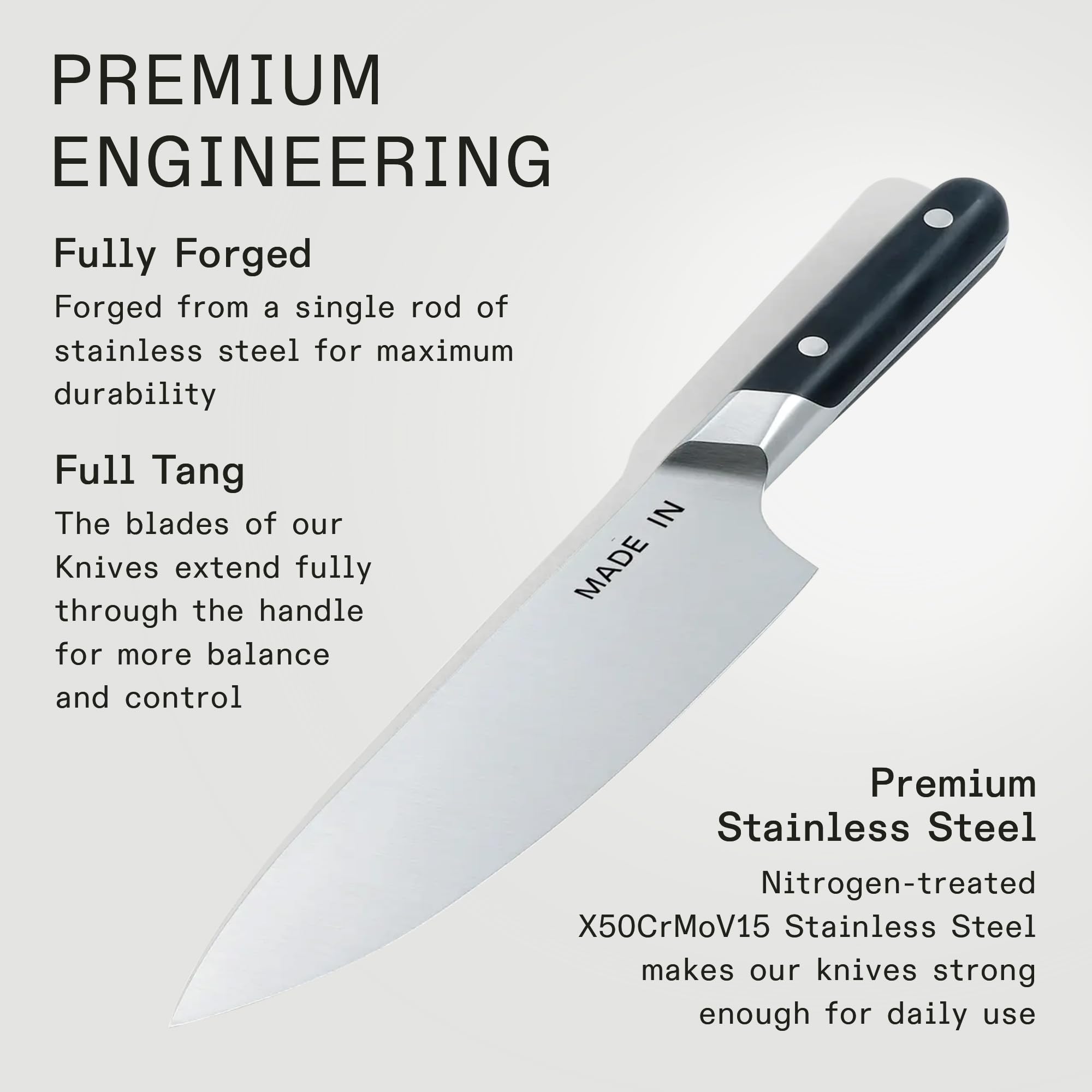 Made In nitrogen-treated stainless steel maintains durable edge for daily prep.