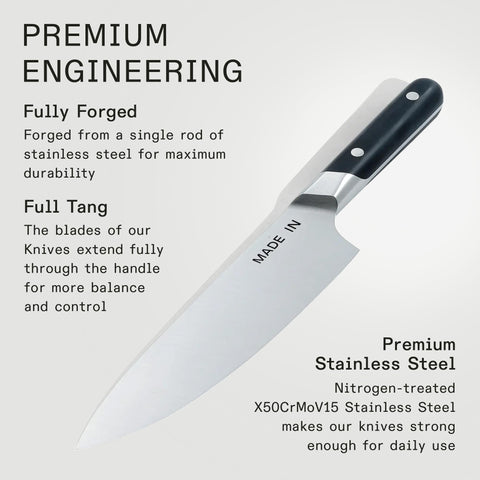 Made In nitrogen-treated stainless steel maintains durable edge for daily prep.