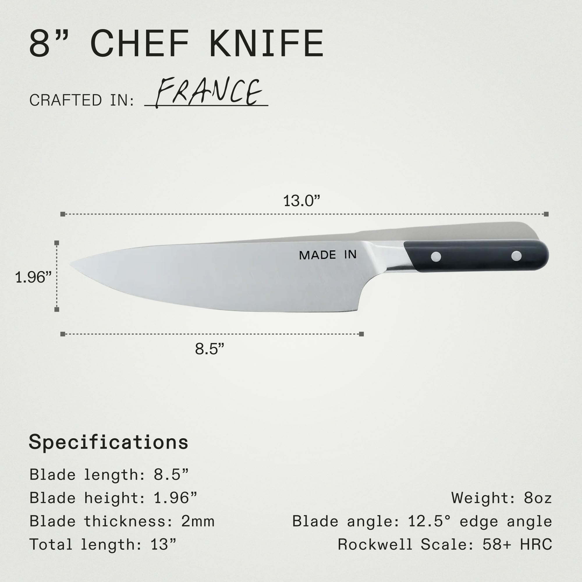 Made In versatile 8-inch chef knife ideal for slicing, dicing, and mincing.
