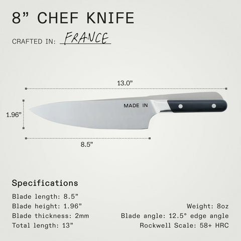 Made In versatile 8-inch chef knife ideal for slicing, dicing, and mincing.