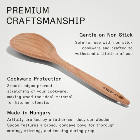 Made In wooden spoon close-up shows smooth edges protecting cookware