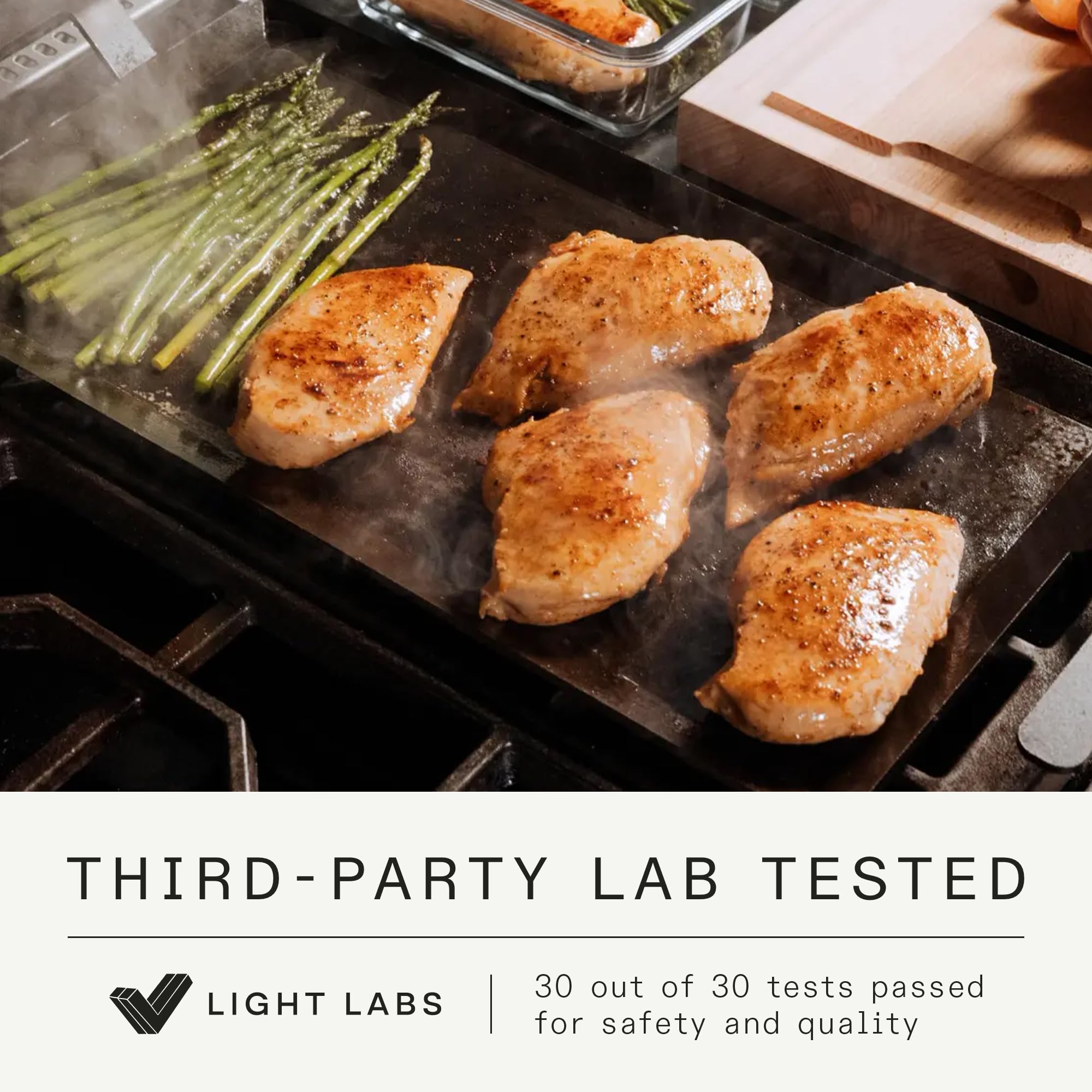 Made In carbon steel griddle showcasing heat retention for juicy texture and browning.