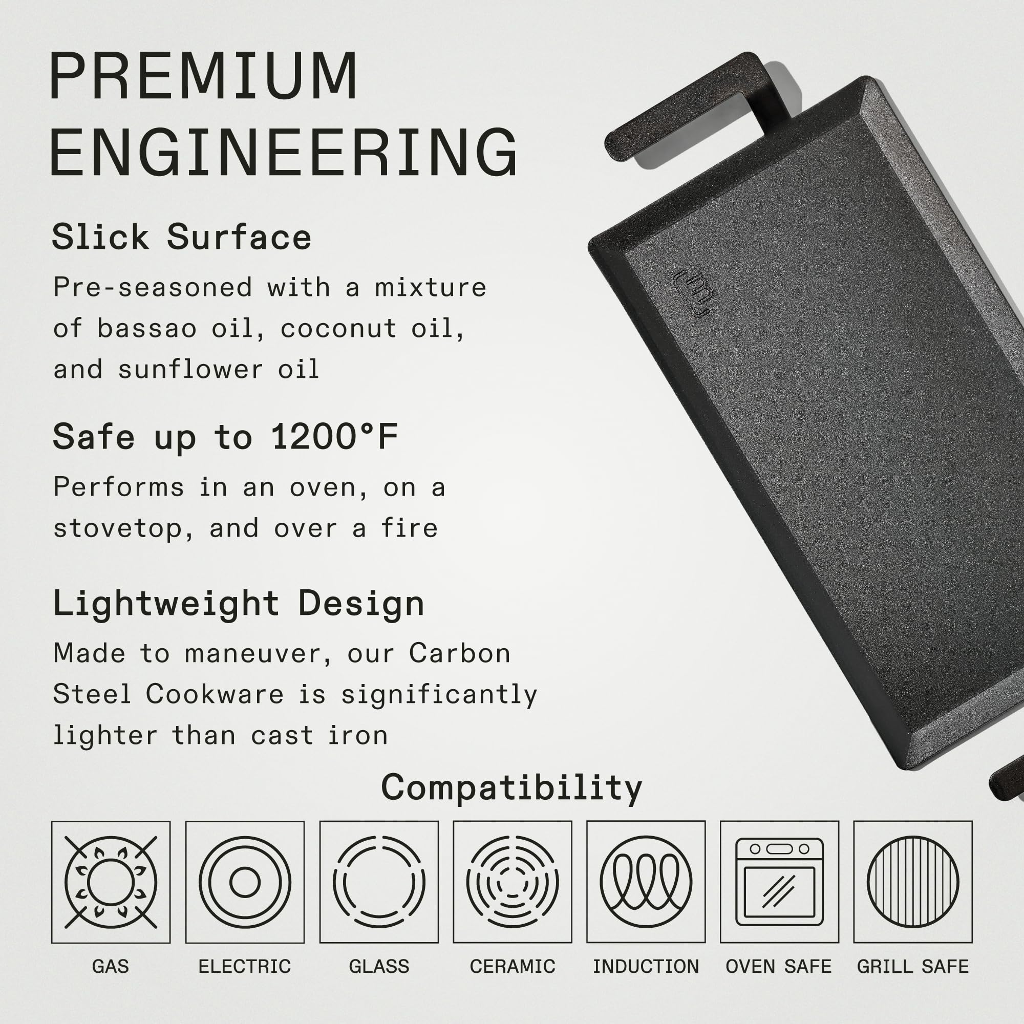 Made In carbon steel griddle induction compatibility for versatile indoor cooking.