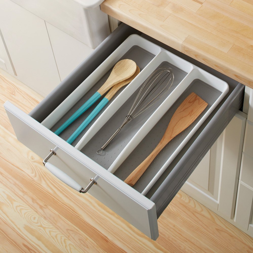 Non-slip rubber feet on the Madesmart utensil tray keep it stable in a drawer.