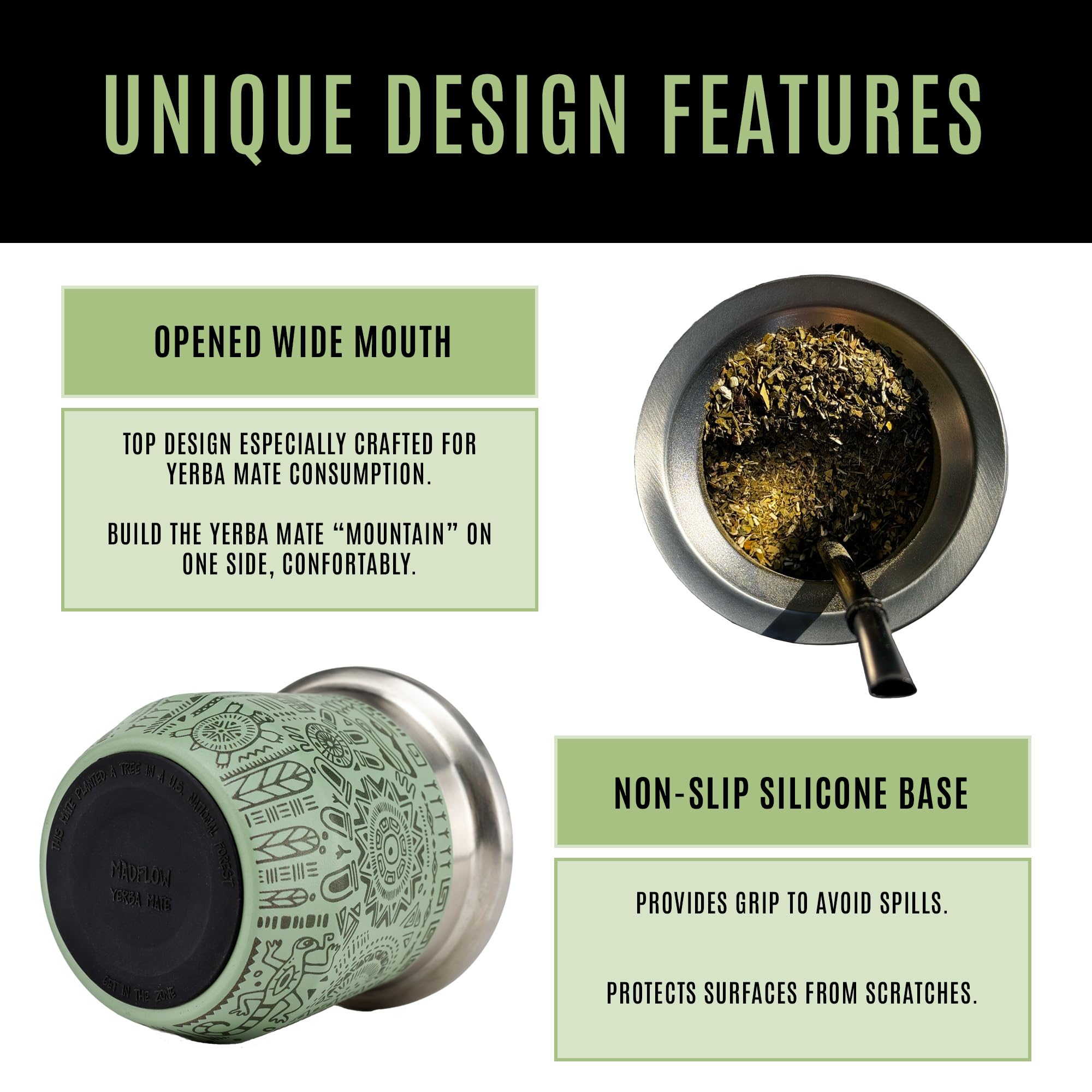 MADFLOW double-wall insulated cup keeps mate hot and hands cool.